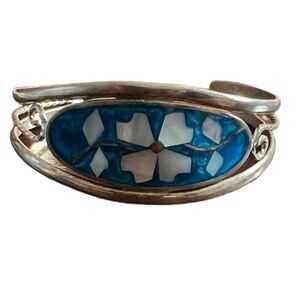 Vintage Metal Bracelet, Alpaca Silver with Nice Abalone Design, Blue,‎
